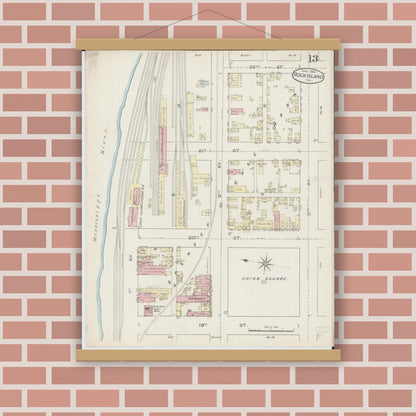 Old map wall art mockup — magnetic wood frame on brick wall — Sanborn Fire Insurance Map from Rock Island, Rock Island County, Illinois (1886), Sheet #0013
