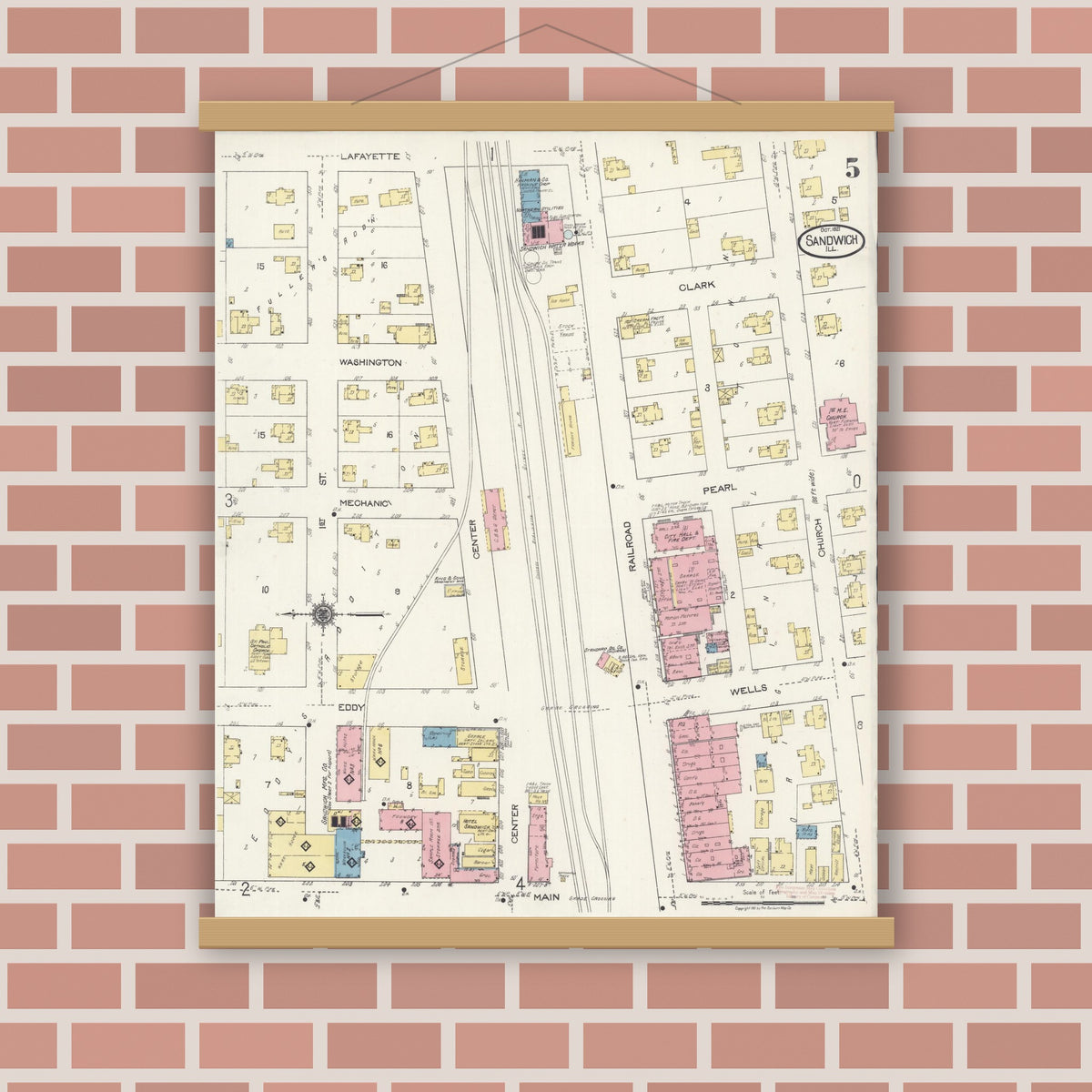 Old map wall art mockup — magnetic wood frame on brick wall — Sanborn Fire Insurance Map from Sandwich, De Kalb County, Illinois (1921), Sheet #0005