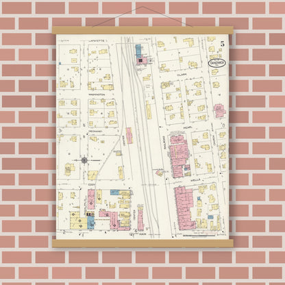 Old map wall art mockup — magnetic wood frame on brick wall — Sanborn Fire Insurance Map from Sandwich, De Kalb County, Illinois (1921), Sheet #0005