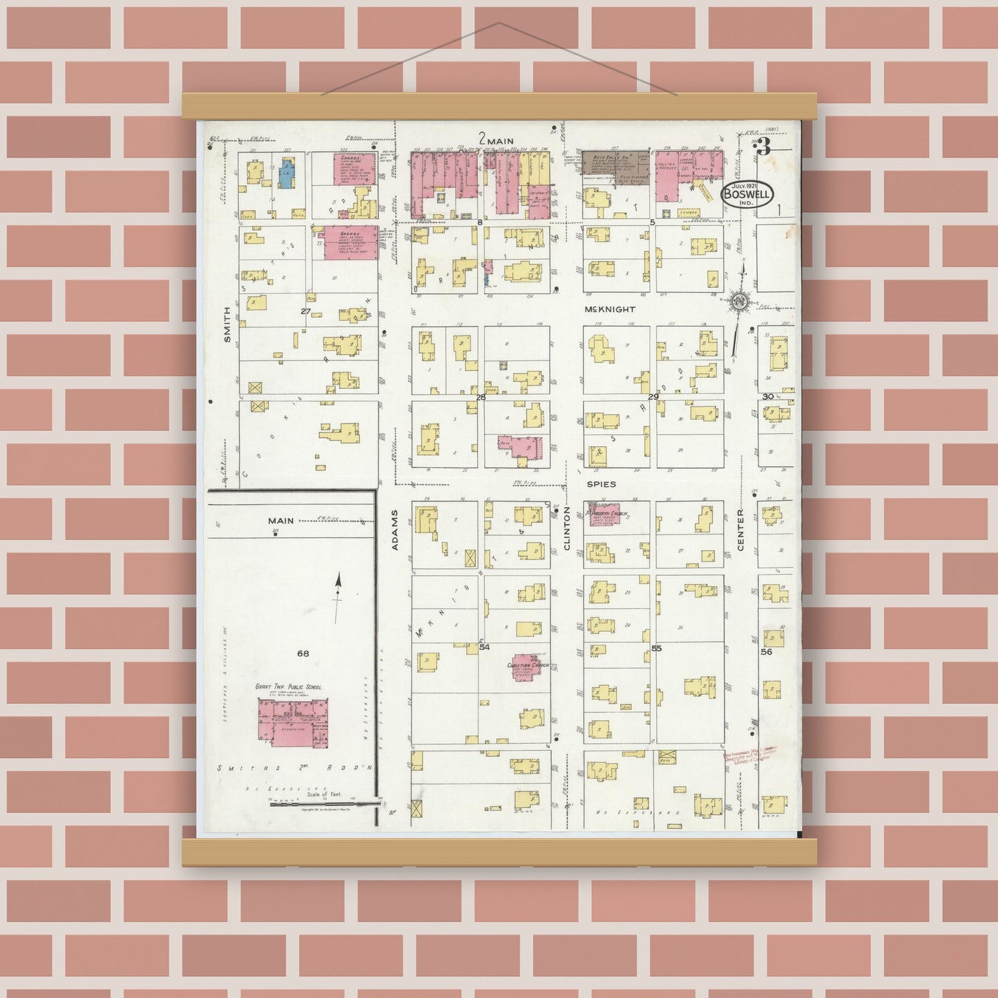 Old map wall art mockup — magnetic wood frame on brick wall — Sanborn Fire Insurance Map from Boswell, Benton County, Indiana (1921), Sheet #0003