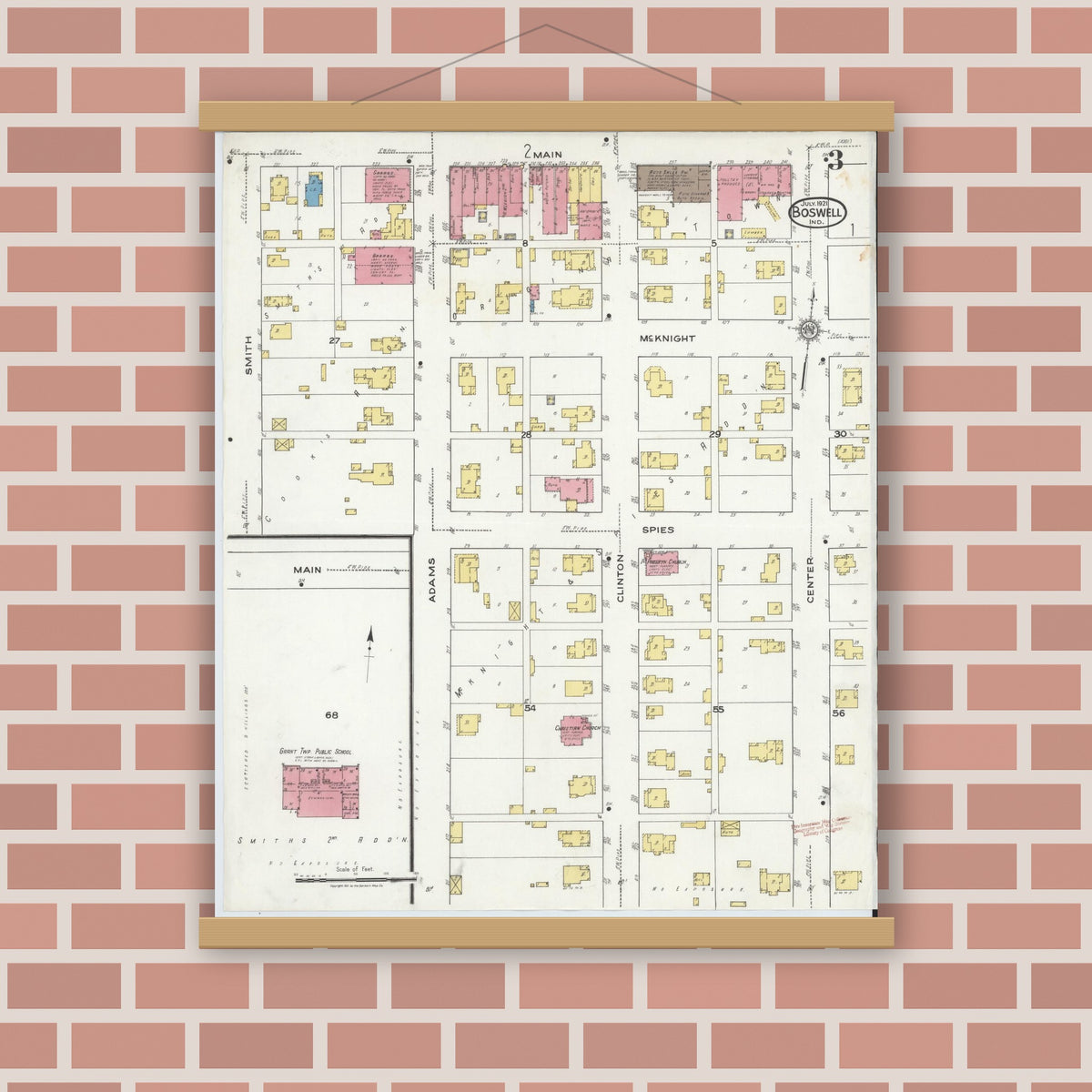 Old map wall art mockup — magnetic wood frame on brick wall — Sanborn Fire Insurance Map from Boswell, Benton County, Indiana (1921), Sheet #0003