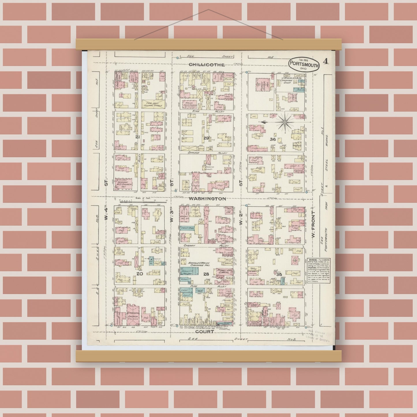 Old map wall art mockup — magnetic wood frame on brick wall — Sanborn Fire Insurance Map from Portsmouth, Scioto County, Ohio (1884), Sheet #0004