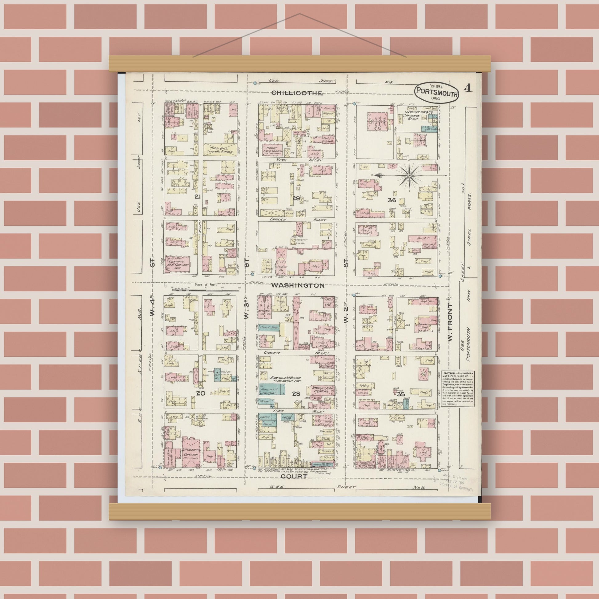 Old map wall art mockup — magnetic wood frame on brick wall — Sanborn Fire Insurance Map from Portsmouth, Scioto County, Ohio (1884), Sheet #0004