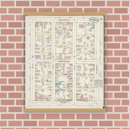 Old map wall art mockup — magnetic wood frame on brick wall — Sanborn Fire Insurance Map from Portsmouth, Scioto County, Ohio (1884), Sheet #0004