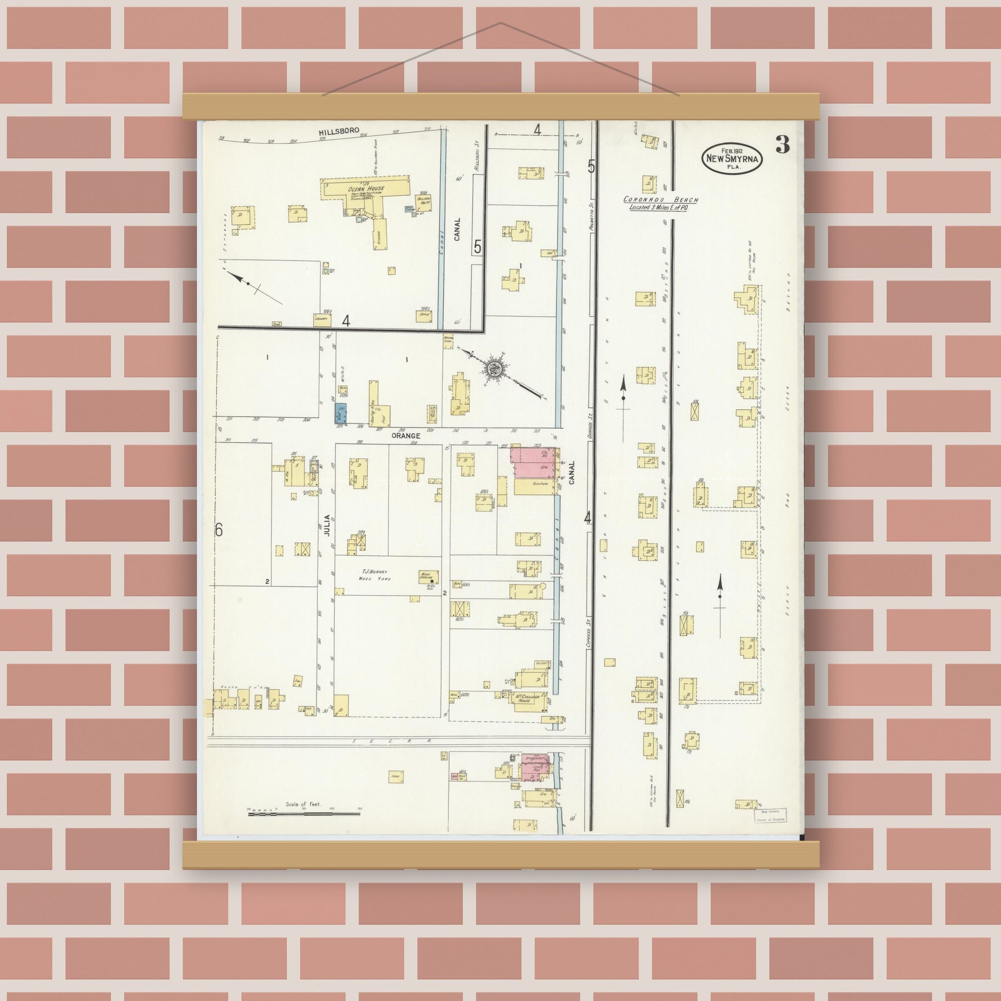 Old map wall art mockup — magnetic wood frame on brick wall — Sanborn Fire Insurance Map from New Smyrna, Valusia County, Florida (1912), Sheet #0003