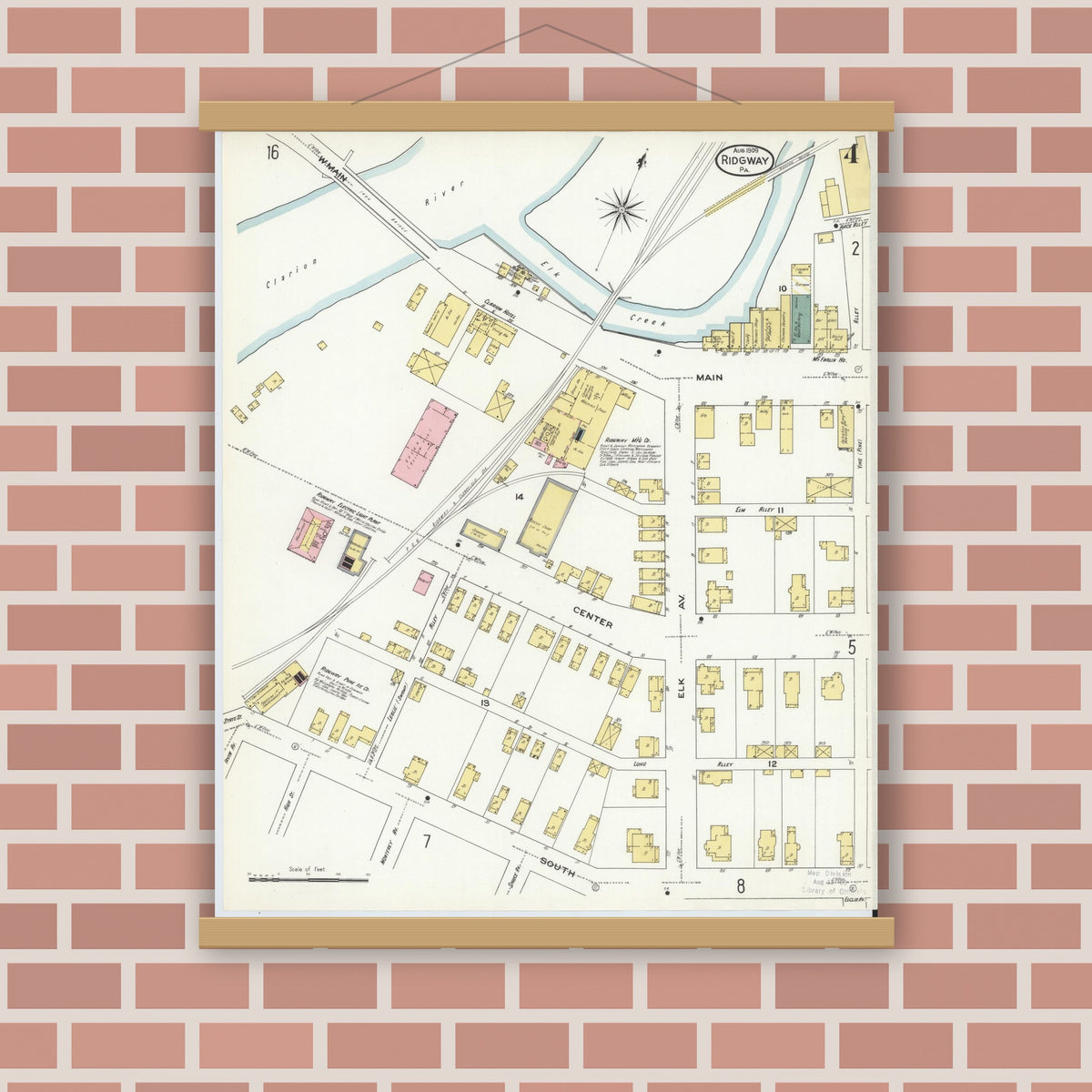 Old map wall art mockup — magnetic wood frame on brick wall — Sanborn Fire Insurance Map from Ridgway, Elk County, Pennsylvania (1909), Sheet #0004