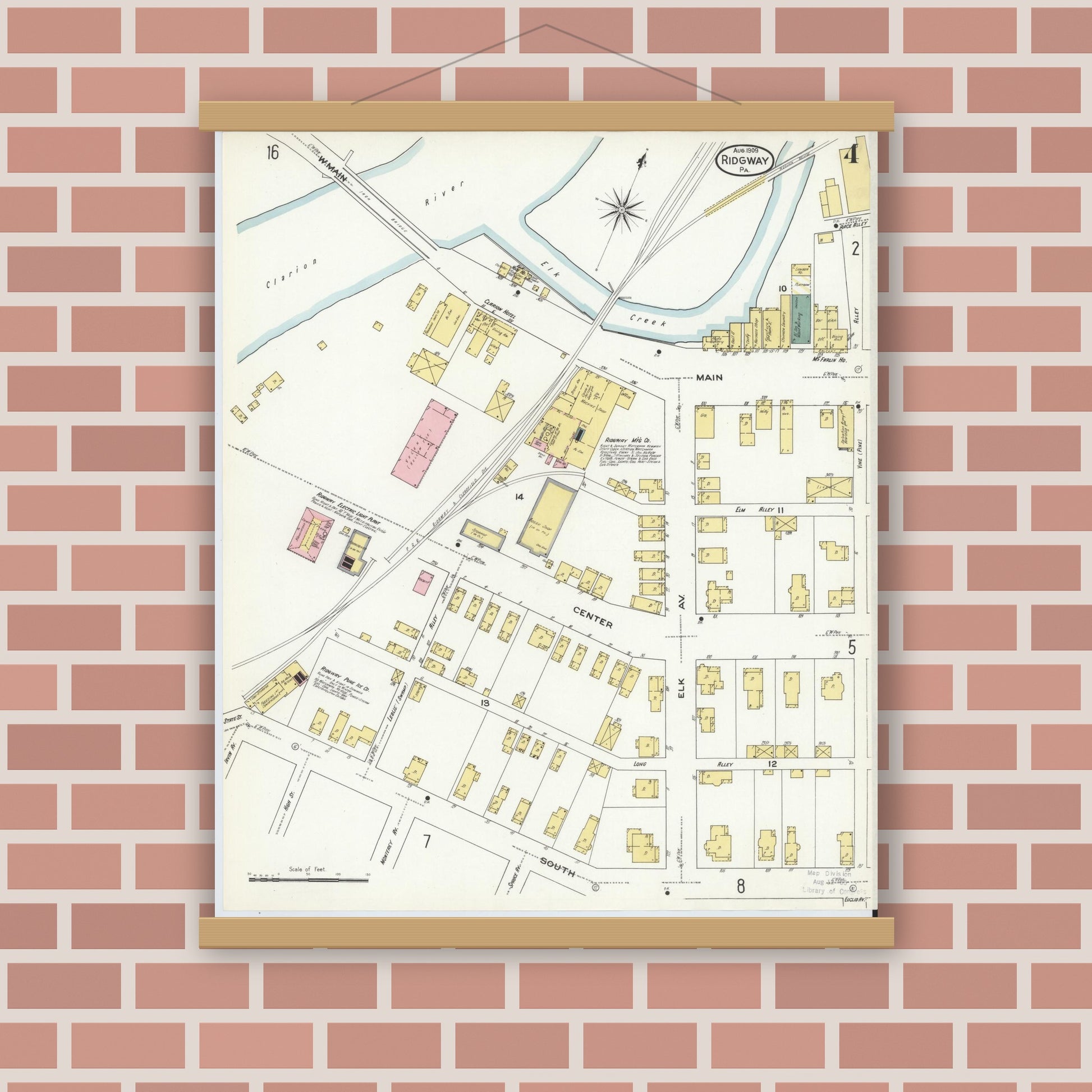 Old map wall art mockup — magnetic wood frame on brick wall — Sanborn Fire Insurance Map from Ridgway, Elk County, Pennsylvania (1909), Sheet #0004