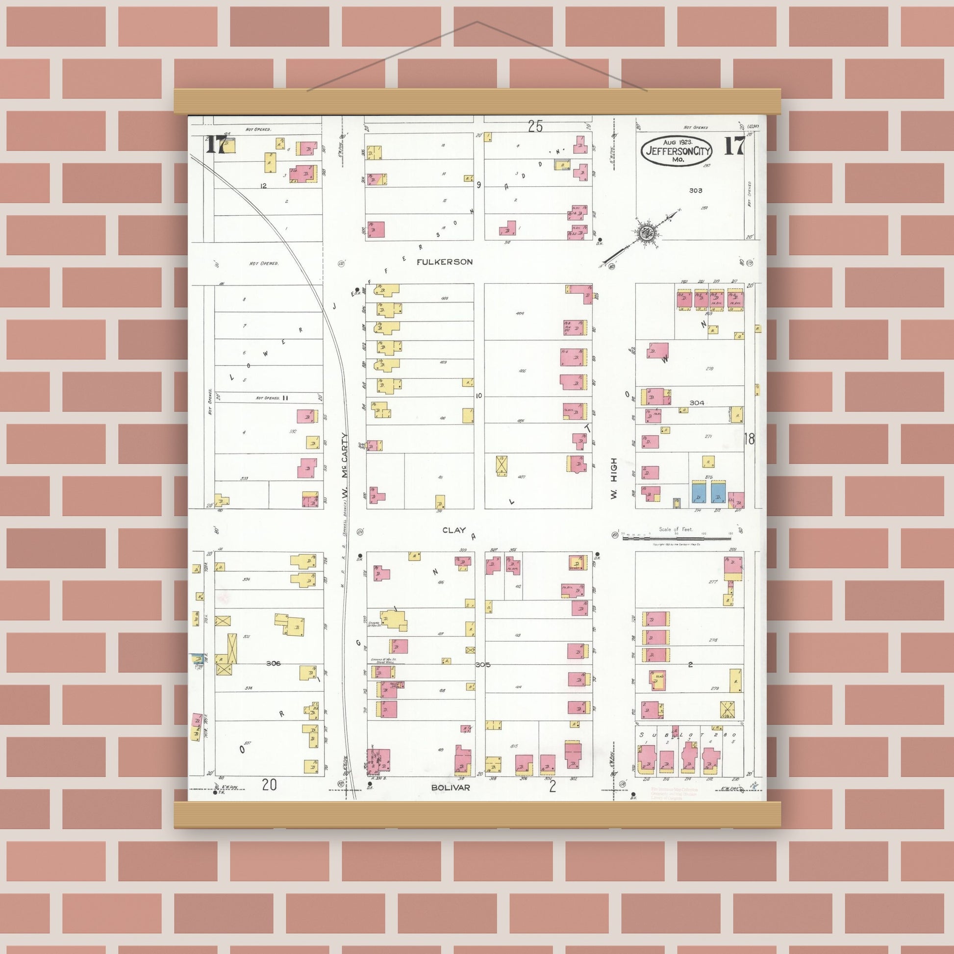 Old map wall art mockup — magnetic wood frame on brick wall — Sanborn Fire Insurance Map from Jefferson City, Cole County, Missouri (1923), Sheet #0017
