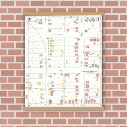 Old map wall art mockup — magnetic wood frame on brick wall — Sanborn Fire Insurance Map from Jefferson City, Cole County, Missouri (1923), Sheet #0017