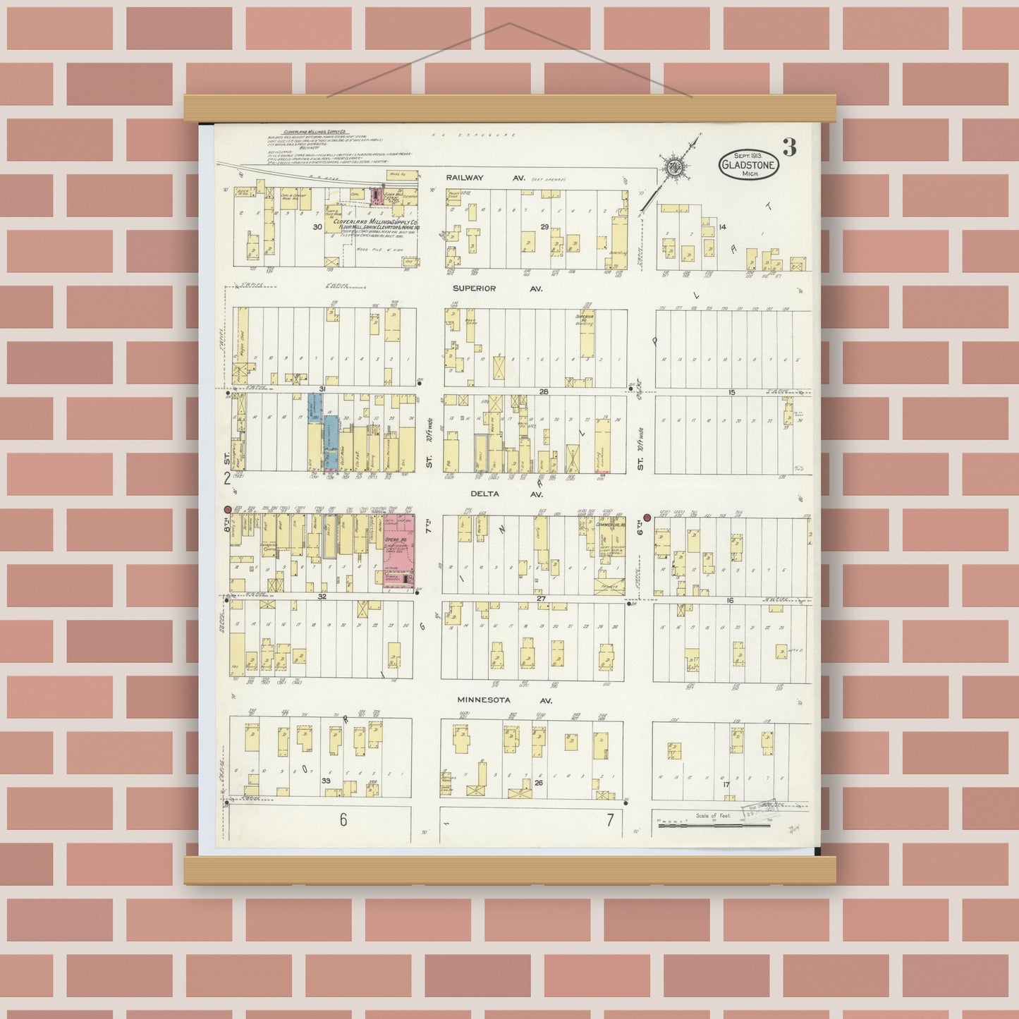 Old map wall art mockup — magnetic wood frame on brick wall — Sanborn Fire Insurance Map from Gladstone, Delta County, Michigan (1913), Sheet #0003