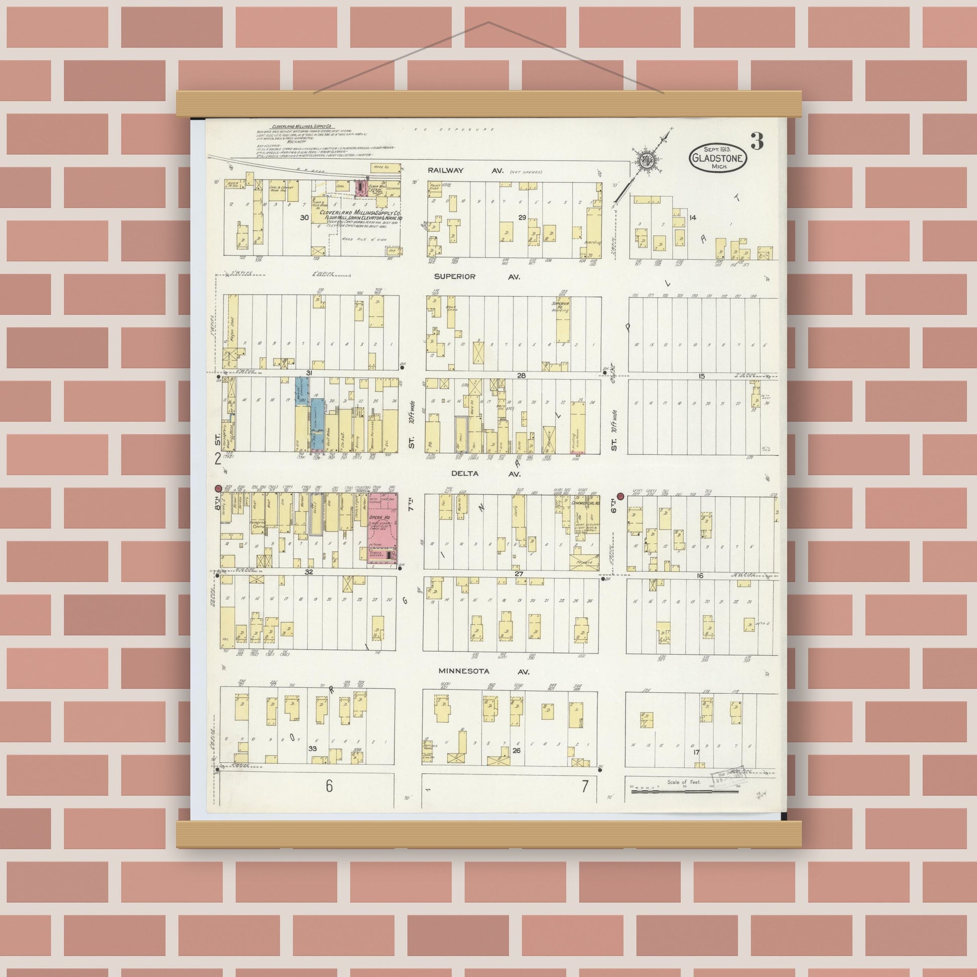 Old map wall art mockup — magnetic wood frame on brick wall — Sanborn Fire Insurance Map from Gladstone, Delta County, Michigan (1913), Sheet #0003