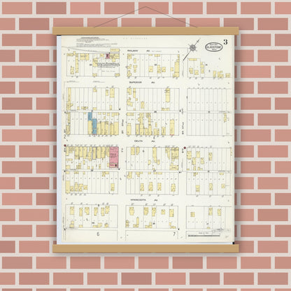 Old map wall art mockup — magnetic wood frame on brick wall — Sanborn Fire Insurance Map from Gladstone, Delta County, Michigan (1913), Sheet #0003