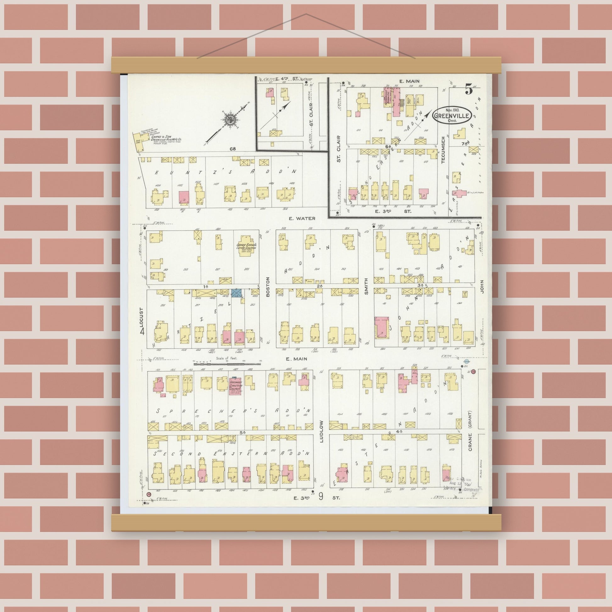 Old map wall art mockup — magnetic wood frame on brick wall — Sanborn Fire Insurance Map from Greenville, Darke County, Ohio (1910), Sheet #0005