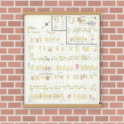 Old map wall art mockup — magnetic wood frame on brick wall — Sanborn Fire Insurance Map from Greenville, Darke County, Ohio (1910), Sheet #0005