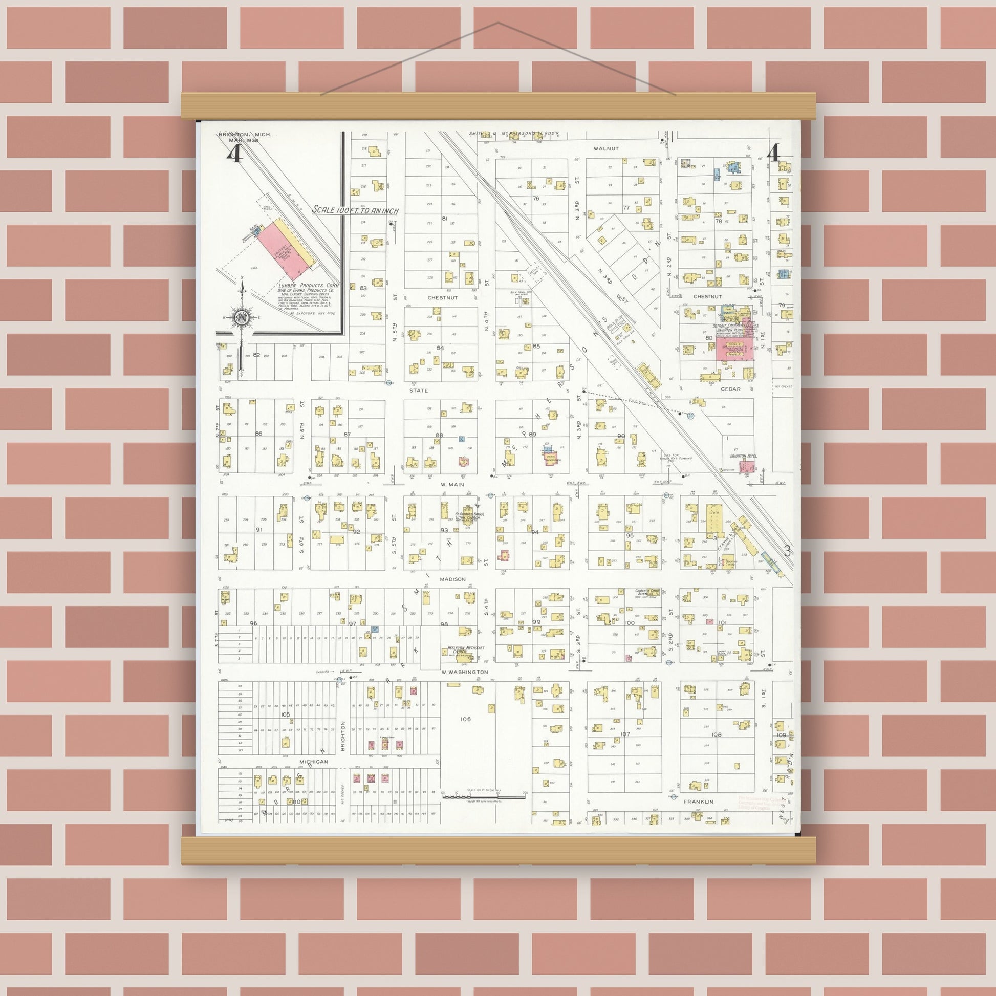 Old map wall art mockup — magnetic wood frame on brick wall — Sanborn Fire Insurance Map from Brighton, Livington County, Michigan (1938), Sheet #0004