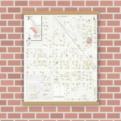 Old map wall art mockup — magnetic wood frame on brick wall — Sanborn Fire Insurance Map from Brighton, Livington County, Michigan (1938), Sheet #0004