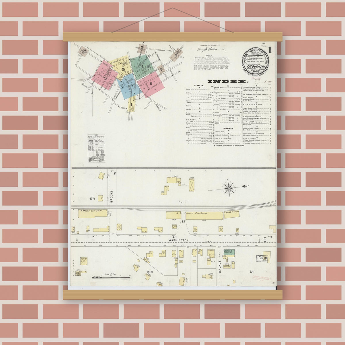 Old map wall art mockup — magnetic wood frame on brick wall — Sanborn Fire Insurance Map from Stoughton, Norfolk County, Massachusetts (1896), Sheet #0001