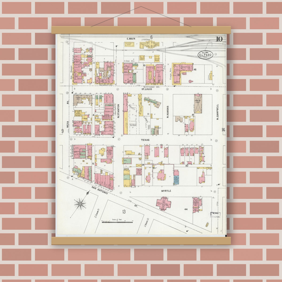 Old map wall art mockup — magnetic wood frame on brick wall — Sanborn Fire Insurance Map from El Paso, El Paso County, Texas (1900), Sheet #0010