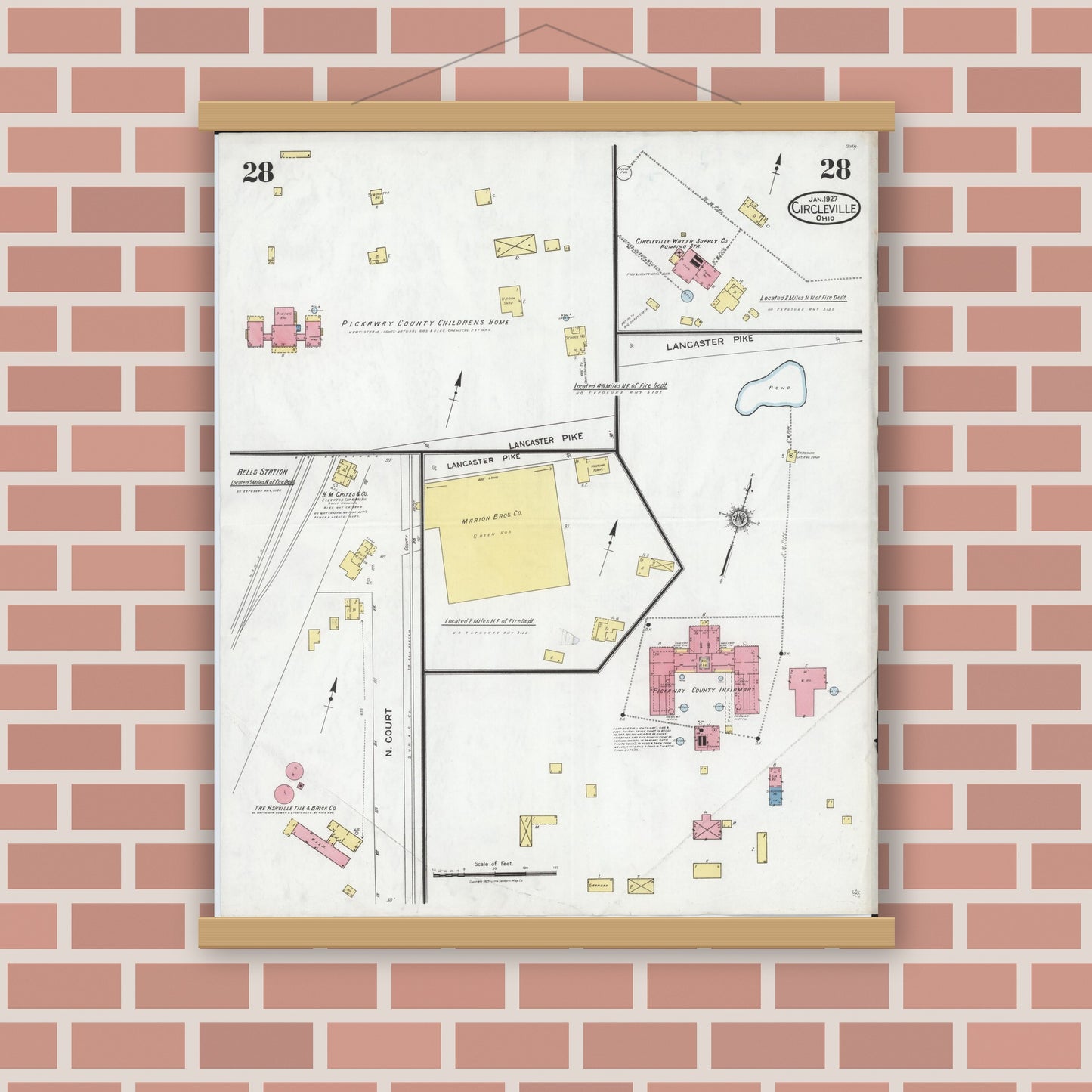 Old map wall art mockup — magnetic wood frame on brick wall — Sanborn Fire Insurance Map from Circleville, Pickaway County, Ohio (1927), Sheet #0028