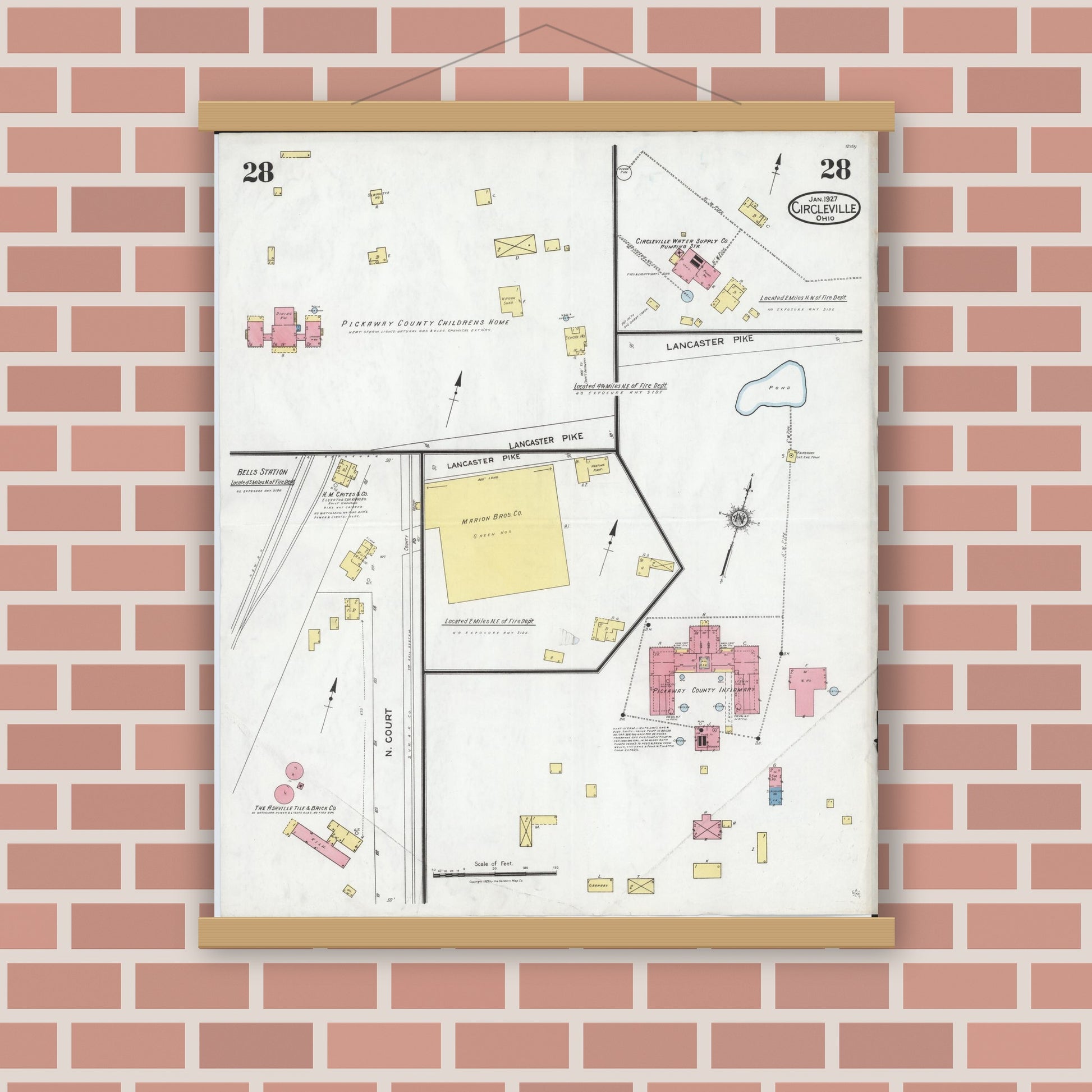 Old map wall art mockup — magnetic wood frame on brick wall — Sanborn Fire Insurance Map from Circleville, Pickaway County, Ohio (1927), Sheet #0028