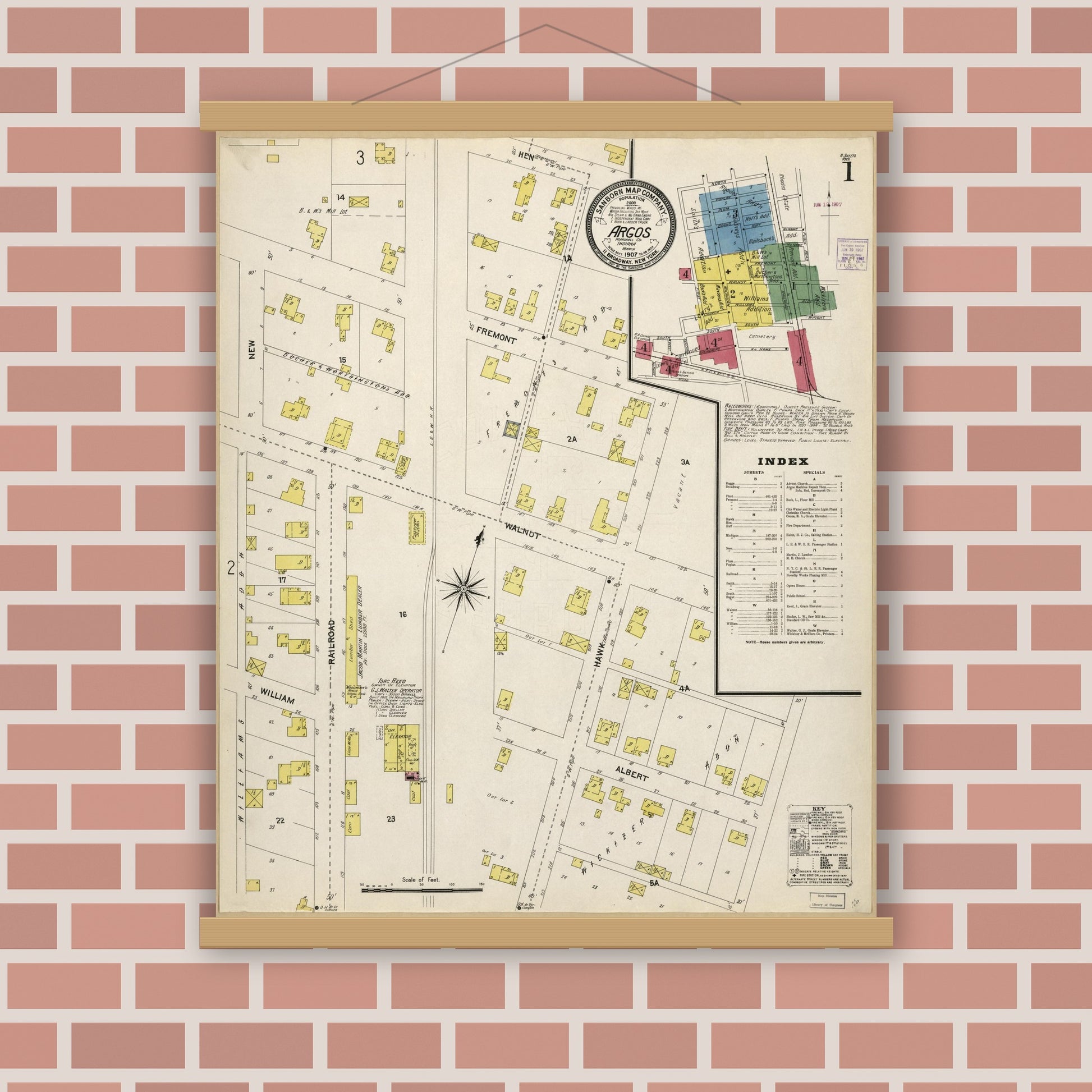 Old map wall art mockup — magnetic wood frame on brick wall — Sanborn Fire Insurance Map from Argos, Marshall County, Indiana (1907), Sheet #0001