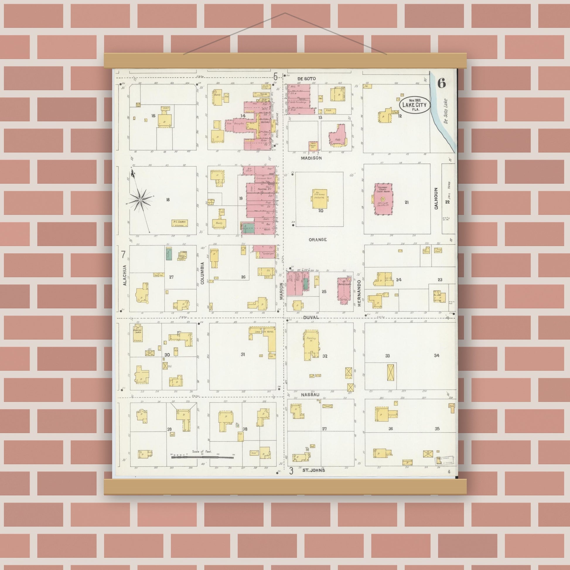 Old map wall art mockup — magnetic wood frame on brick wall — Sanborn Fire Insurance Map from Lake City, Columbia County, Florida (1902), Sheet #0006