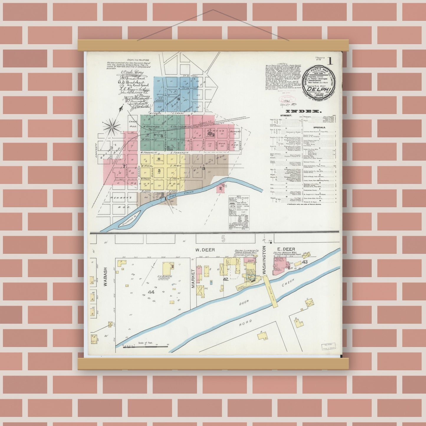 Old map wall art mockup — magnetic wood frame on brick wall — Sanborn Fire Insurance Map from Delphi, Carroll County, Indiana (1893), Sheet #0001