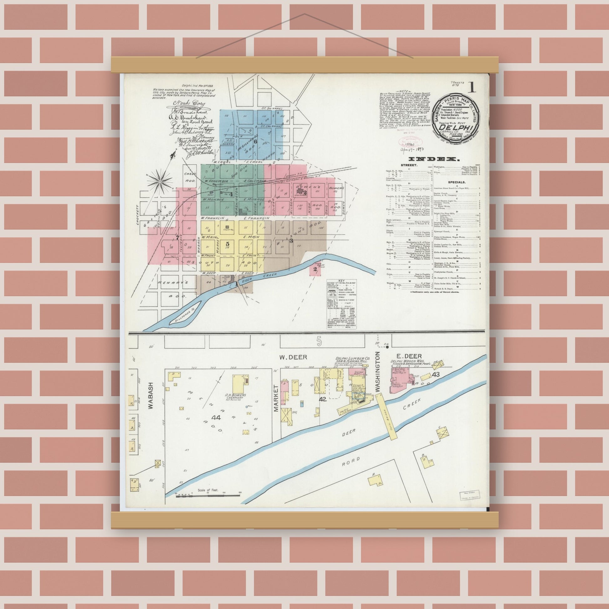 Old map wall art mockup — magnetic wood frame on brick wall — Sanborn Fire Insurance Map from Delphi, Carroll County, Indiana (1893), Sheet #0001