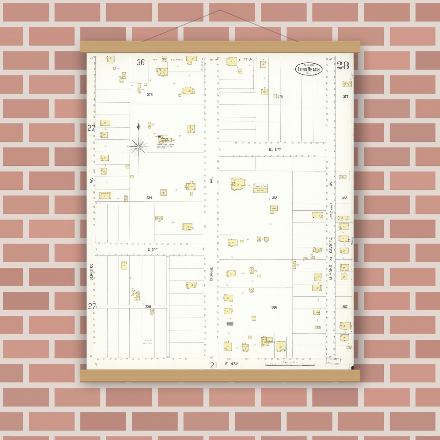 Old map wall art mockup — magnetic wood frame on brick wall — Sanborn Fire Insurance Map from Long Beach, Los Angeles County, California (1905), Sheet #0028