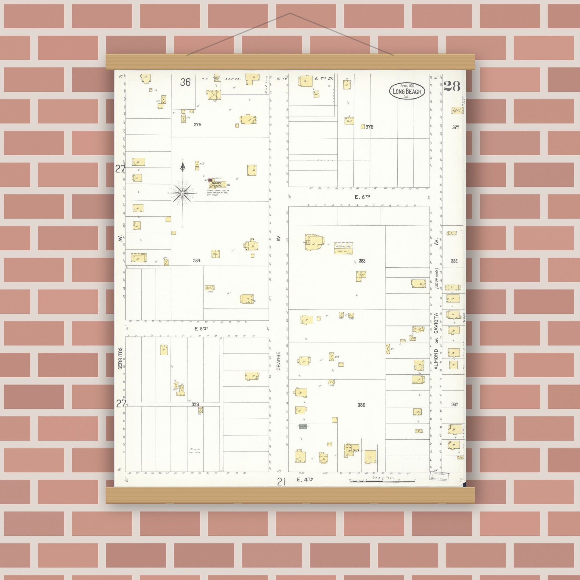 Old map wall art mockup — magnetic wood frame on brick wall — Sanborn Fire Insurance Map from Long Beach, Los Angeles County, California (1905), Sheet #0028