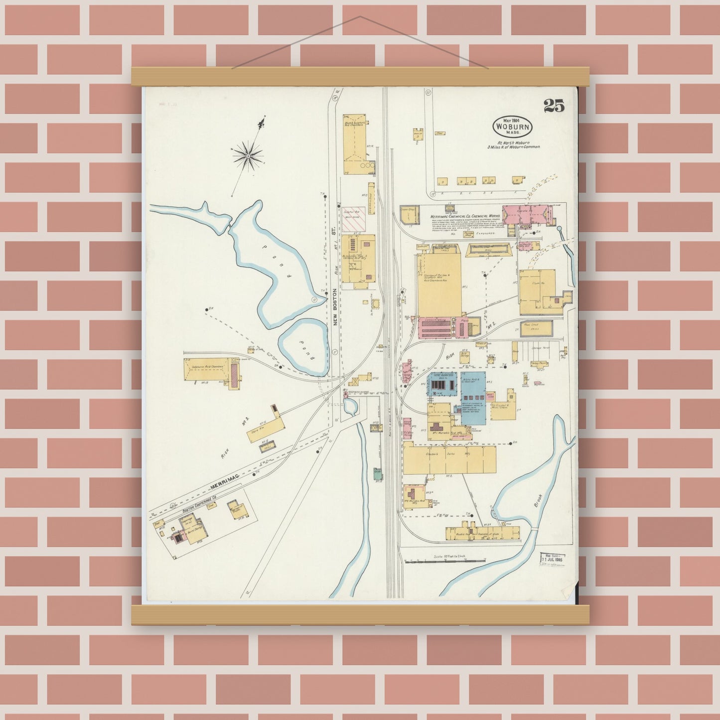 Old map wall art mockup — magnetic wood frame on brick wall — Sanborn Fire Insurance Map from Woburn, Middlesex County, Massachusetts (1904), Sheet #0025
