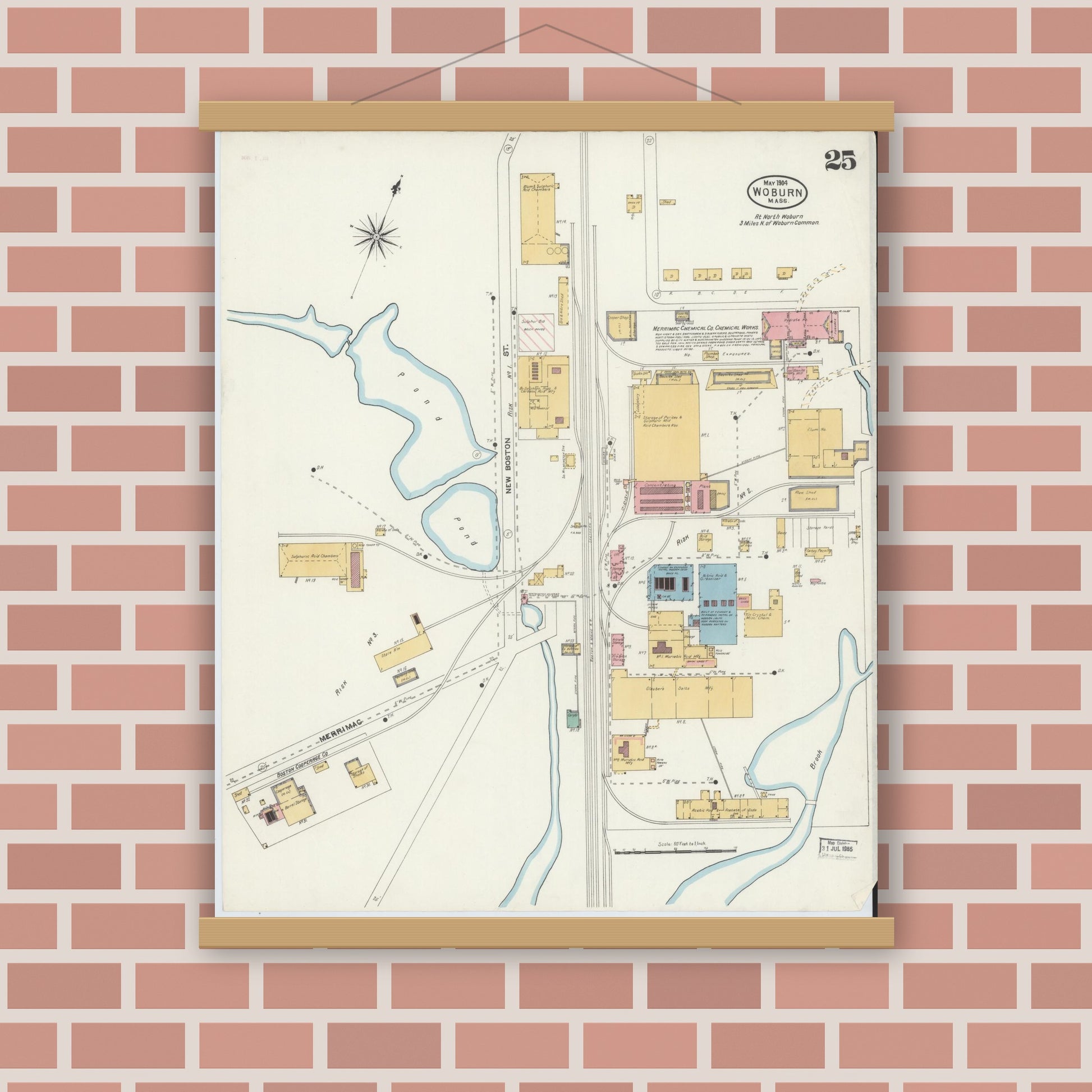 Old map wall art mockup — magnetic wood frame on brick wall — Sanborn Fire Insurance Map from Woburn, Middlesex County, Massachusetts (1904), Sheet #0025
