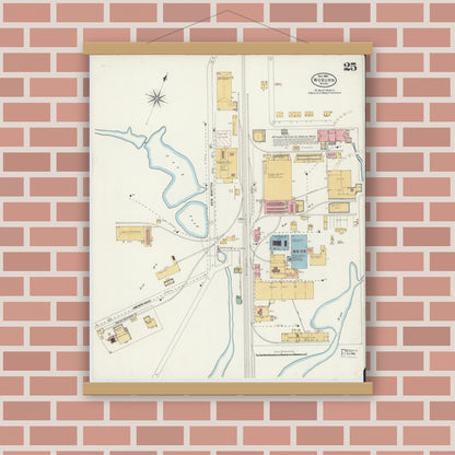Old map wall art mockup — magnetic wood frame on brick wall — Sanborn Fire Insurance Map from Woburn, Middlesex County, Massachusetts (1904), Sheet #0025