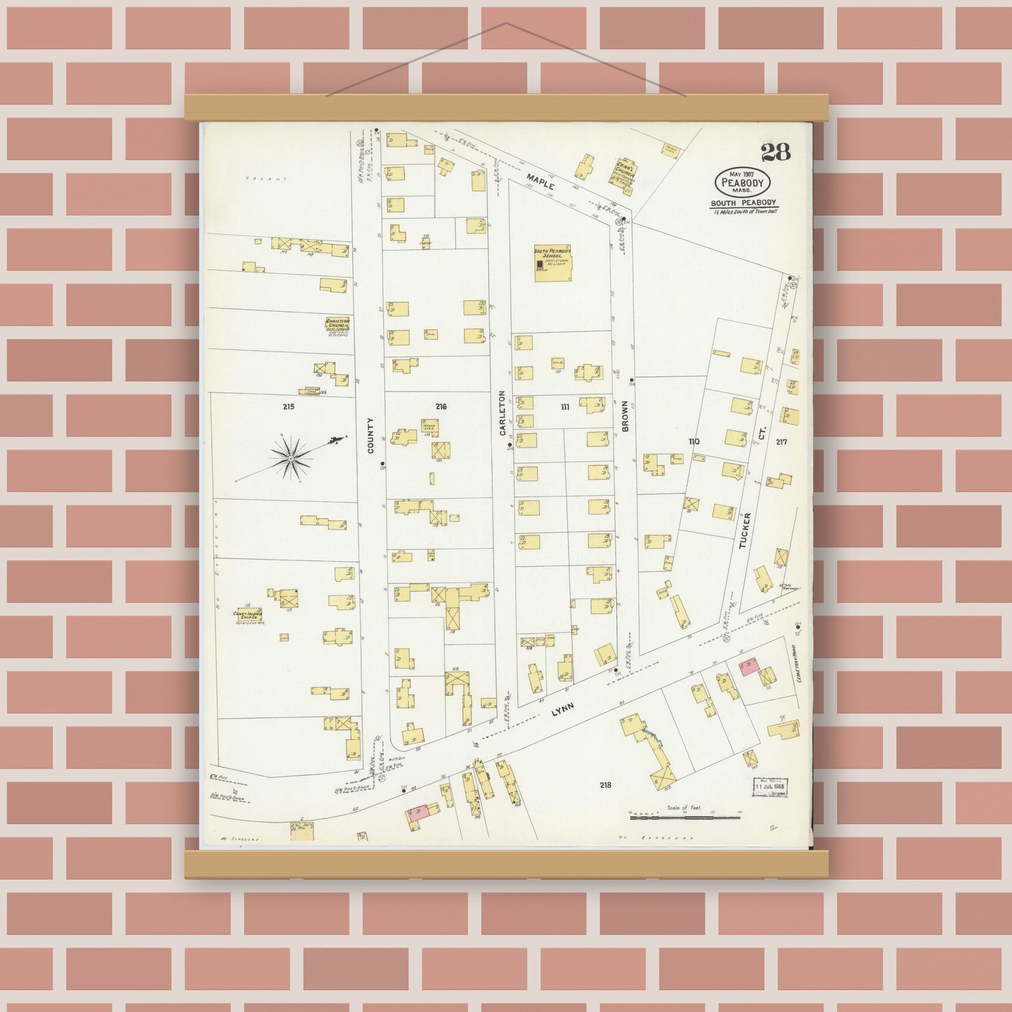 Old map wall art mockup — magnetic wood frame on brick wall — Sanborn Fire Insurance Map from Peabody, Essex County, Massachusetts (1907), Sheet #0028