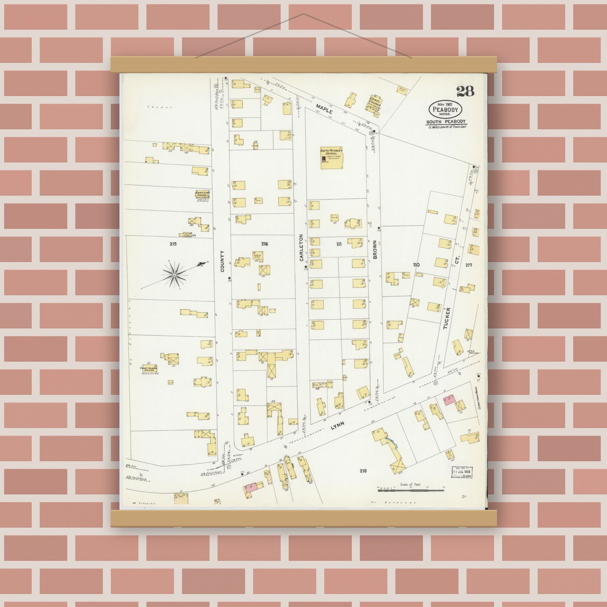 Old map wall art mockup — magnetic wood frame on brick wall — Sanborn Fire Insurance Map from Peabody, Essex County, Massachusetts (1907), Sheet #0028