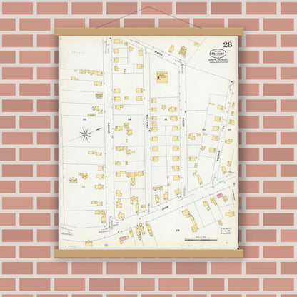 Old map wall art mockup — magnetic wood frame on brick wall — Sanborn Fire Insurance Map from Peabody, Essex County, Massachusetts (1907), Sheet #0028