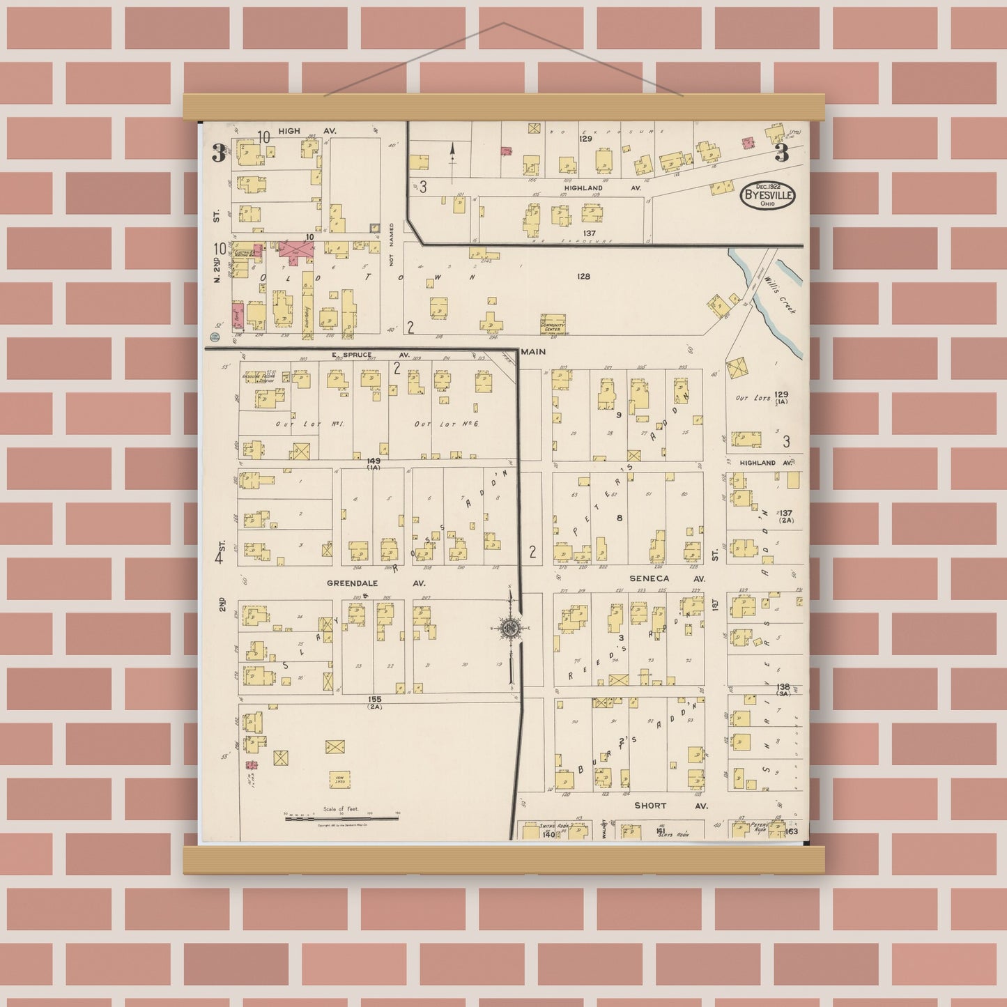 Old map wall art mockup — magnetic wood frame on brick wall — Sanborn Fire Insurance Map from Byesville, Guernsey County, Ohio (1922), Sheet #0003