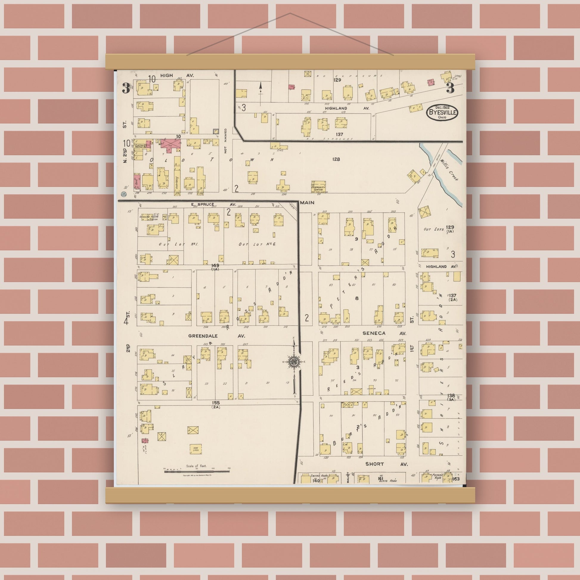 Old map wall art mockup — magnetic wood frame on brick wall — Sanborn Fire Insurance Map from Byesville, Guernsey County, Ohio (1922), Sheet #0003