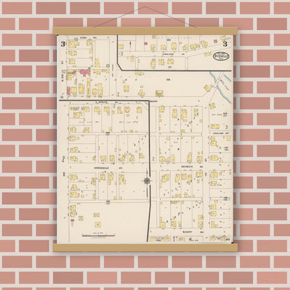 Old map wall art mockup — magnetic wood frame on brick wall — Sanborn Fire Insurance Map from Byesville, Guernsey County, Ohio (1922), Sheet #0003