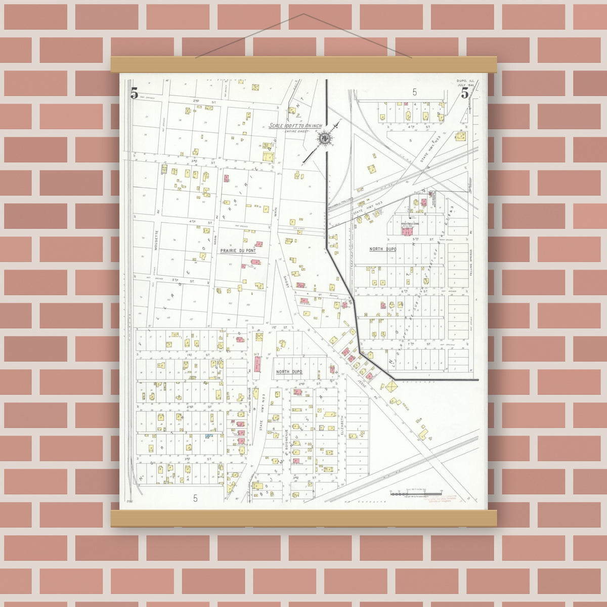 Old map wall art mockup — magnetic wood frame on brick wall — Sanborn Fire Insurance Map from Dupo, Saint Clair County, Illinois (1941), Sheet #0005