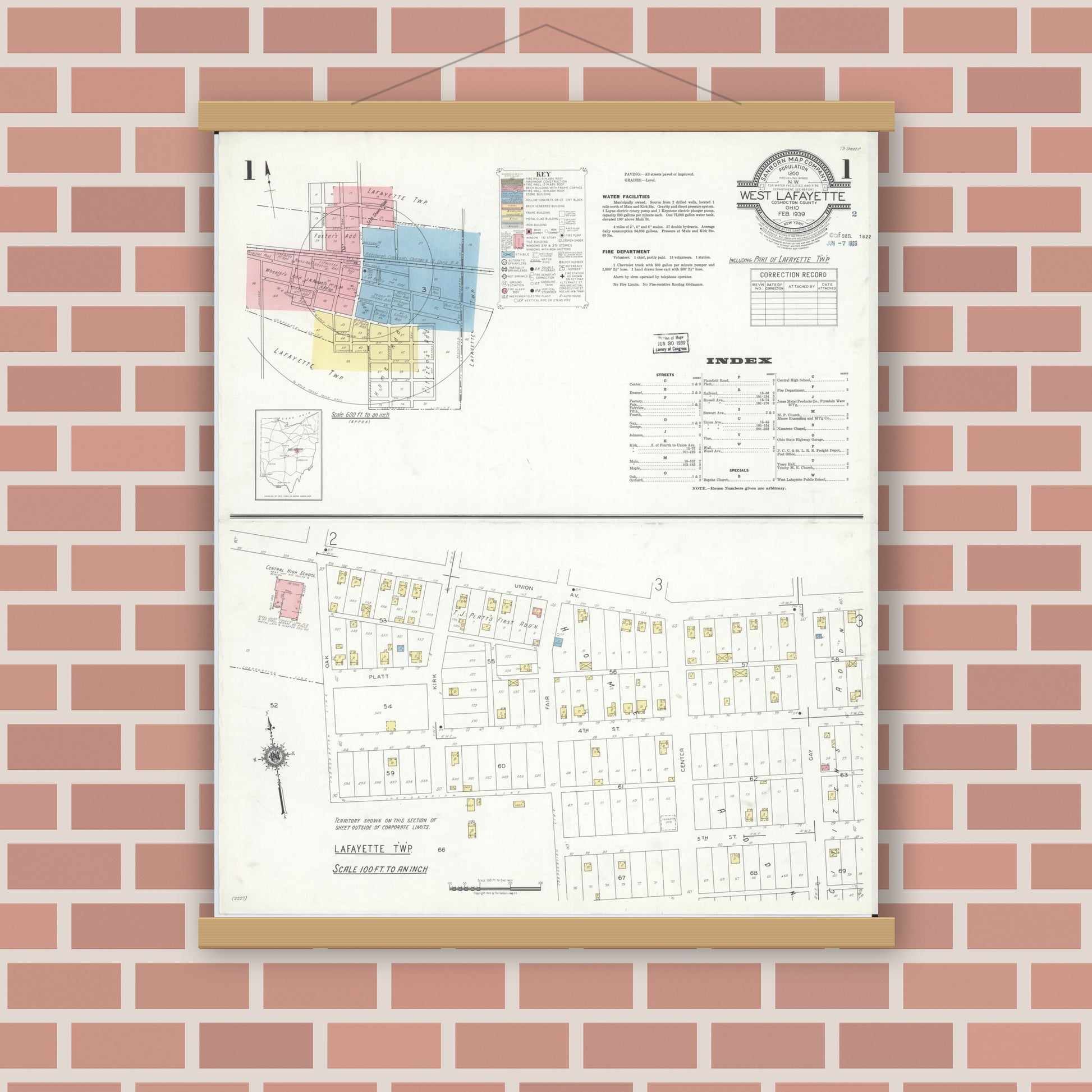 Old map wall art mockup — magnetic wood frame on brick wall — Sanborn Fire Insurance Map from West Lafayette, Coshocton County, Ohio (1939) - Complete Map Set