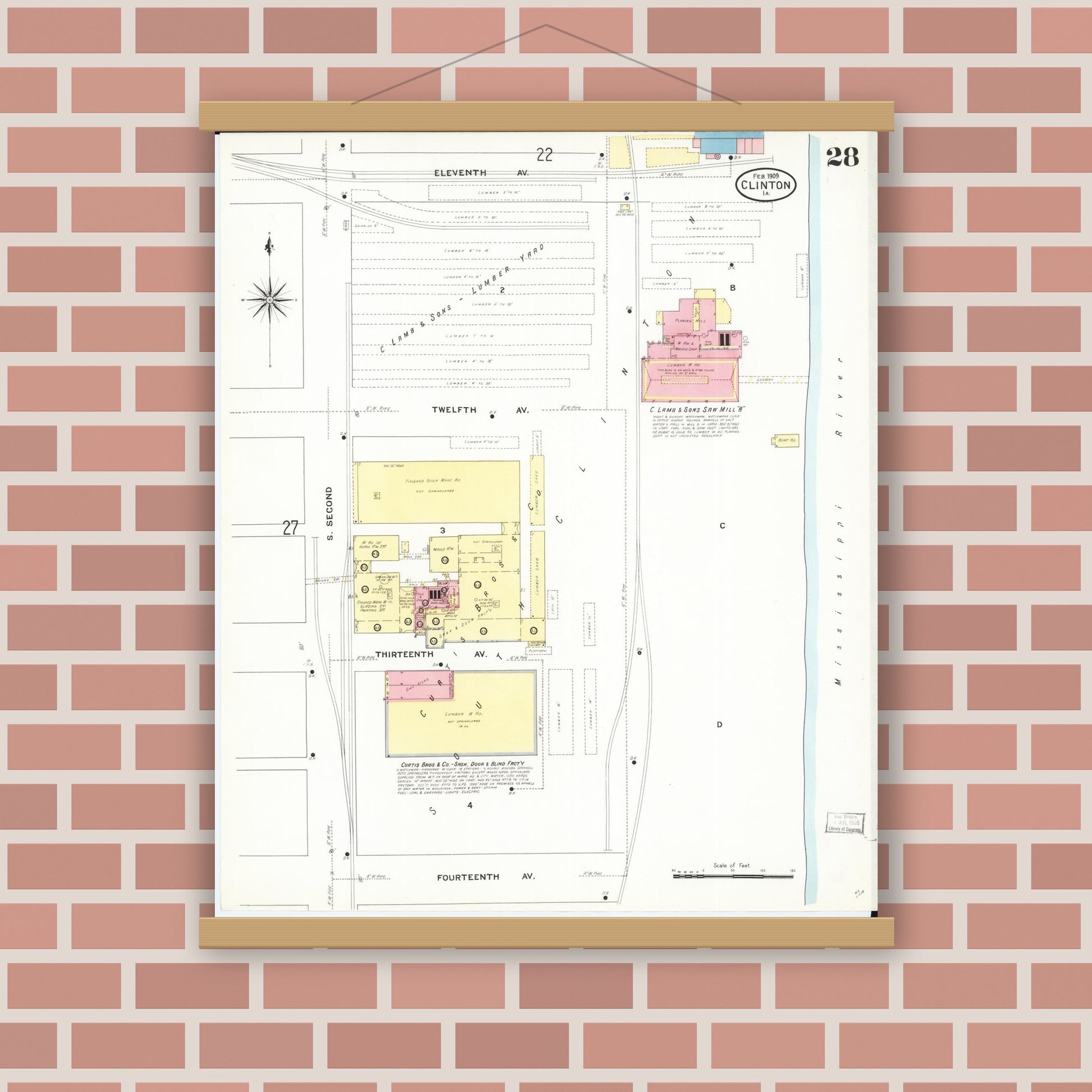 Old map wall art mockup — magnetic wood frame on brick wall — Sanborn Fire Insurance Map from Clinton, Clinton County, Iowa (1909), Sheet #0028