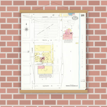 Old map wall art mockup — magnetic wood frame on brick wall — Sanborn Fire Insurance Map from Clinton, Clinton County, Iowa (1909), Sheet #0028