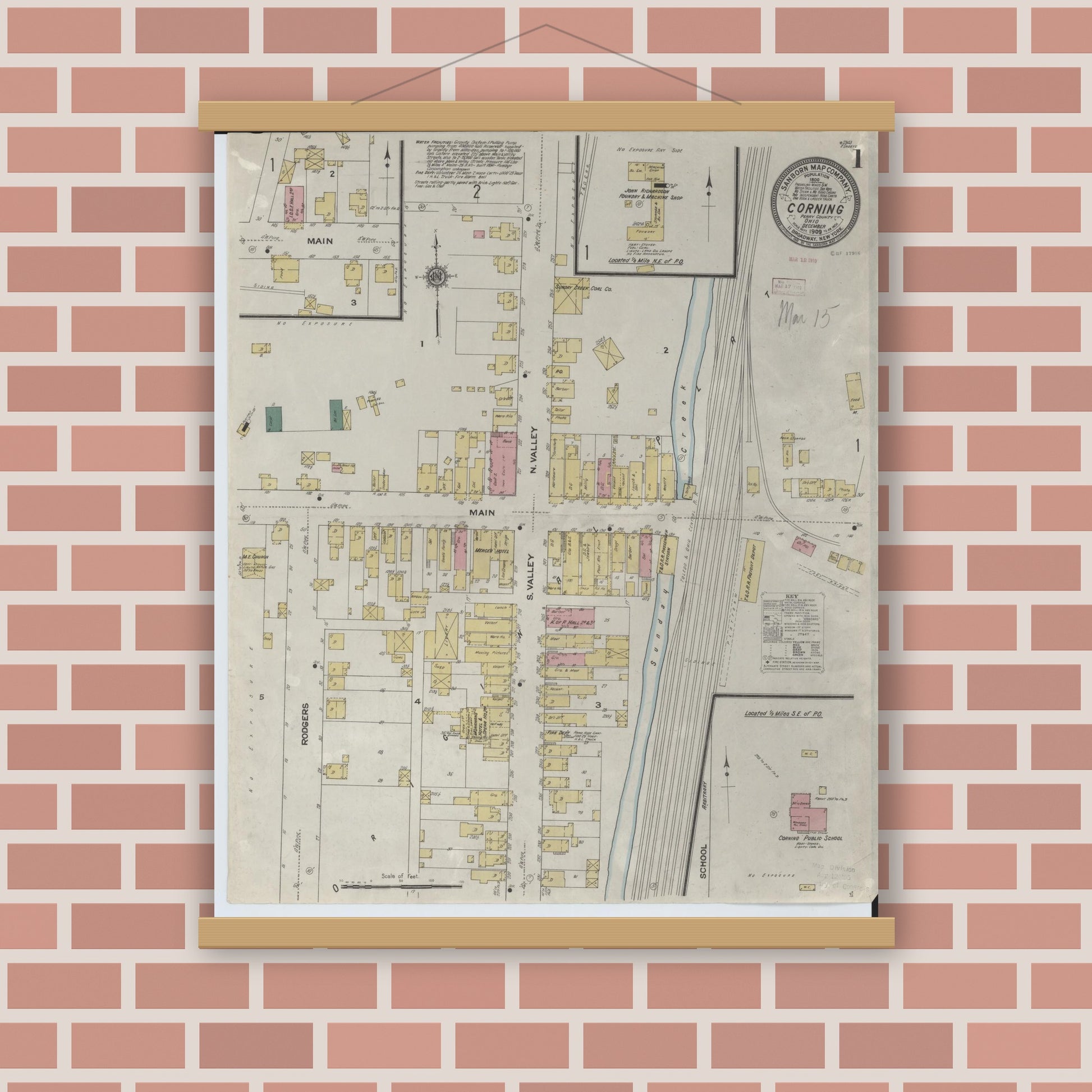 Old map wall art mockup — magnetic wood frame on brick wall — Sanborn Fire Insurance Map from Corning, Perry County, Ohio (1909), Sheet #0001