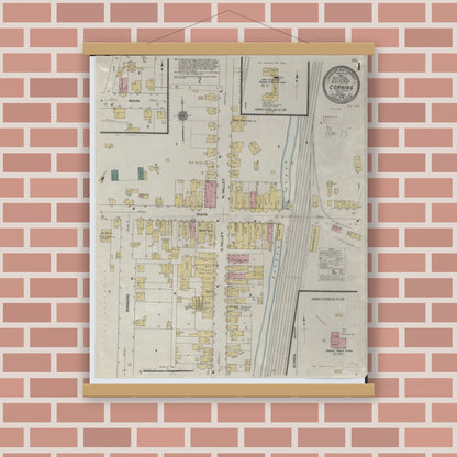 Old map wall art mockup — magnetic wood frame on brick wall — Sanborn Fire Insurance Map from Corning, Perry County, Ohio (1909), Sheet #0001