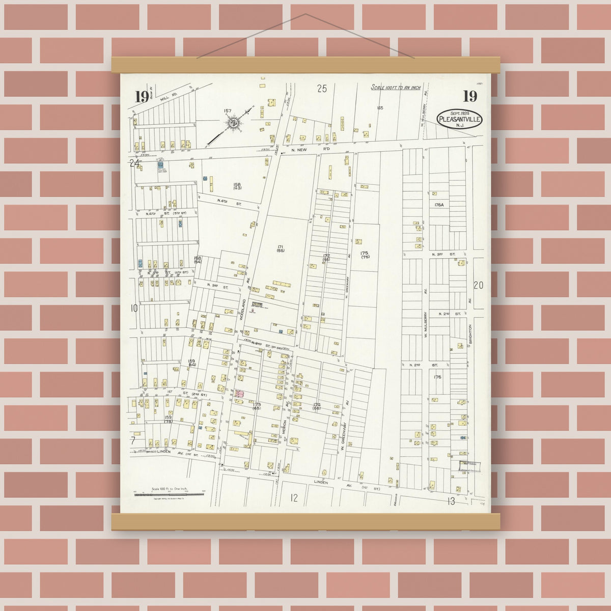Old map wall art mockup — magnetic wood frame on brick wall — Sanborn Fire Insurance Map from Pleasantville, Atlantic County, New Jersey (1924), Sheet #0019