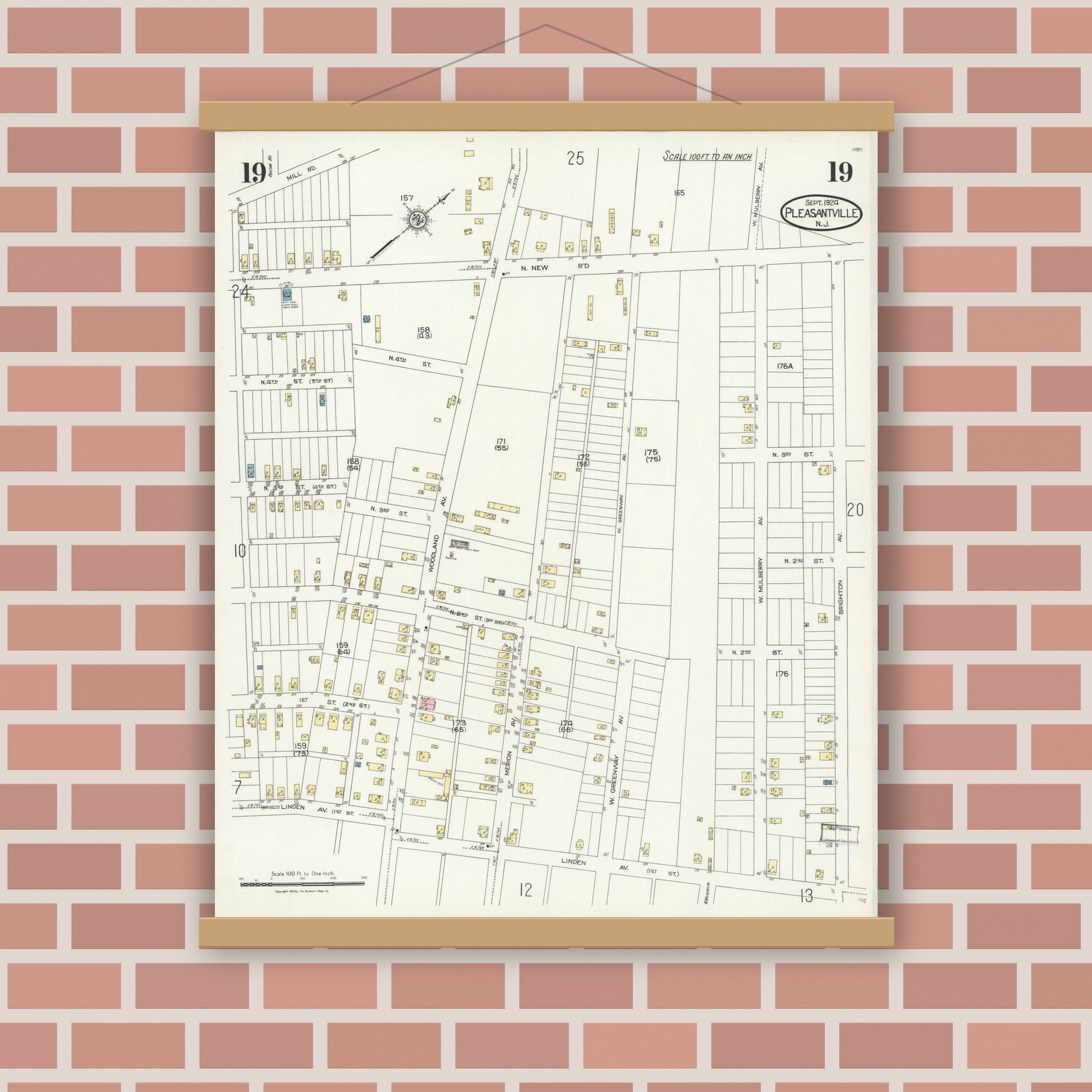 Old map wall art mockup — magnetic wood frame on brick wall — Sanborn Fire Insurance Map from Pleasantville, Atlantic County, New Jersey (1924), Sheet #0019