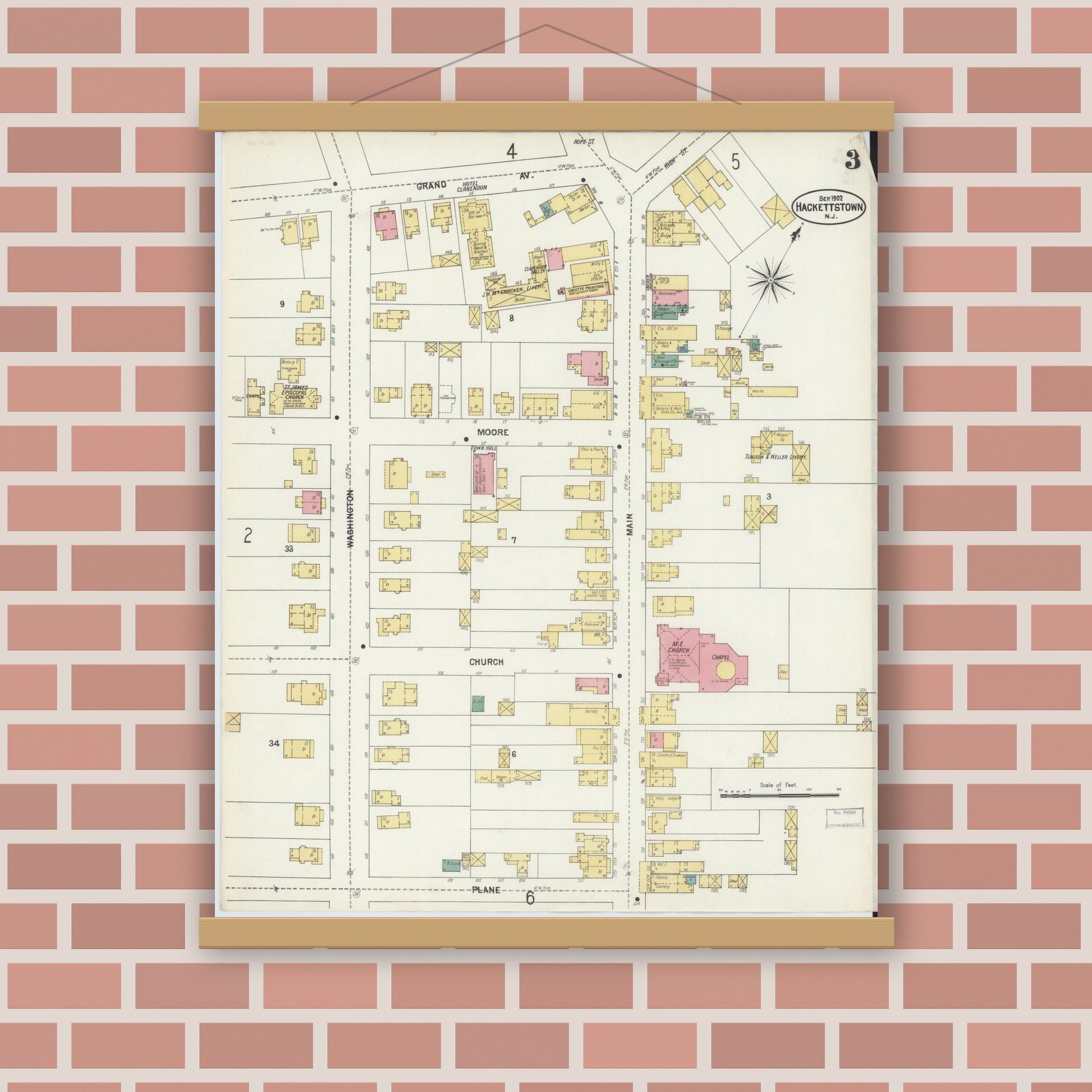 Old map wall art mockup — magnetic wood frame on brick wall — Sanborn Fire Insurance Map from Hackettstown, Warren County, New Jersey (1902), Sheet #0003