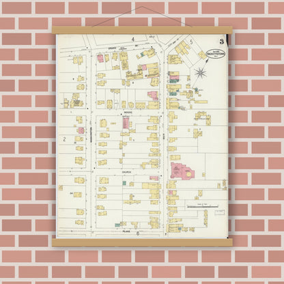 Old map wall art mockup — magnetic wood frame on brick wall — Sanborn Fire Insurance Map from Hackettstown, Warren County, New Jersey (1902), Sheet #0003