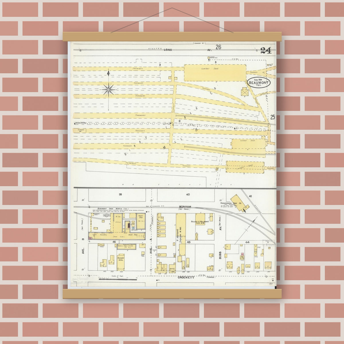 Old map wall art mockup — magnetic wood frame on brick wall — Sanborn Fire Insurance Map from Beaumont, Jefferson County, Texas (1904), Sheet #0024
